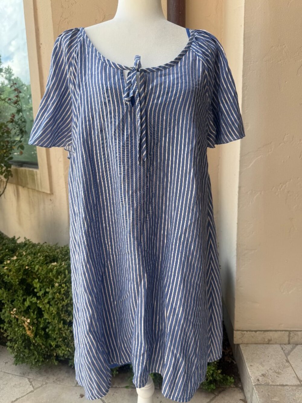Women's Blue, White and Gold Vertical Pinstripe Dress with Removable Under slip